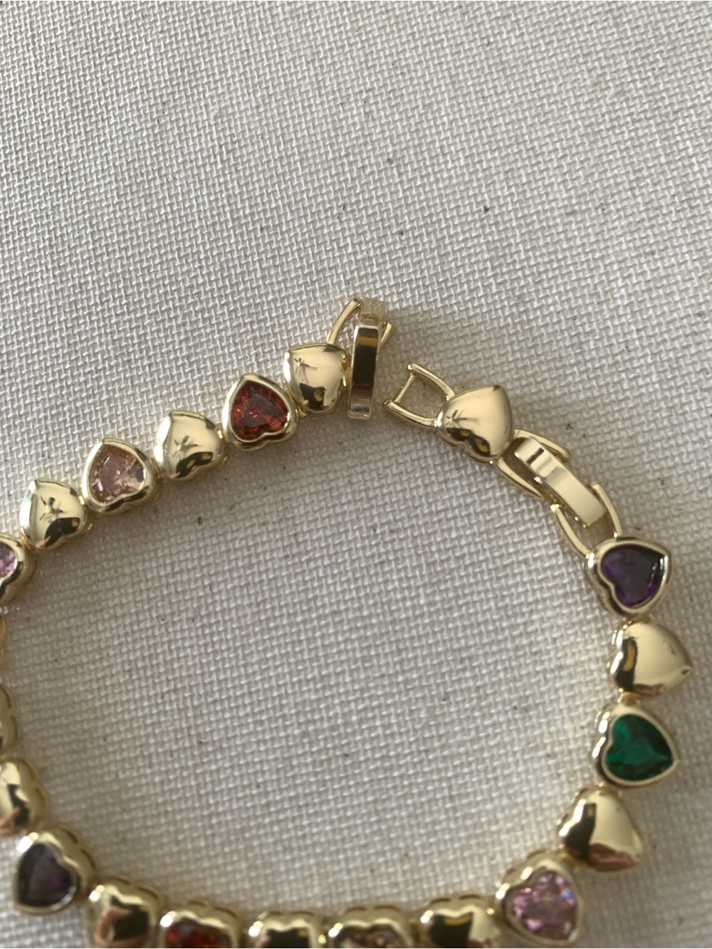 Gold Heart Link Bracelet with Multicolor Gem Hearts - Picture 3 of 3